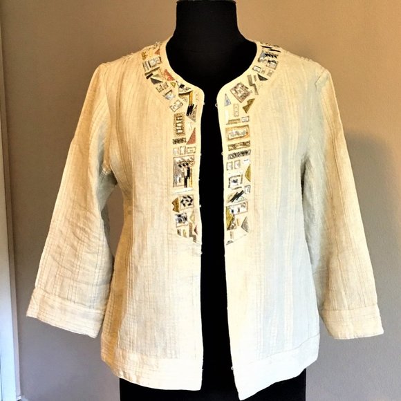 CHICO'S Tan Linen Jacket Top with Embellishments - Picture 2 of 12